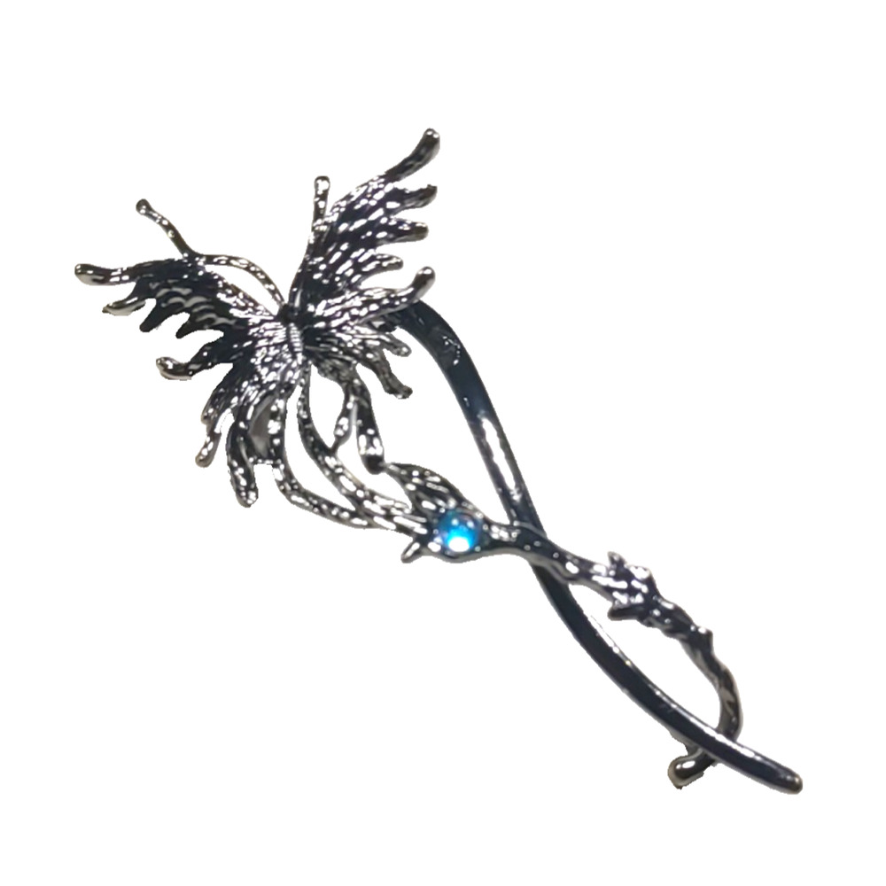 Butterfly Cross Over Hair Barrette Silver Tone Blue Rhinestone 5" Long